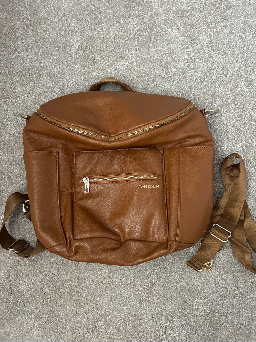 Fawn Design Leather-Look Saddle Brown Backpack with Gold Hardware
